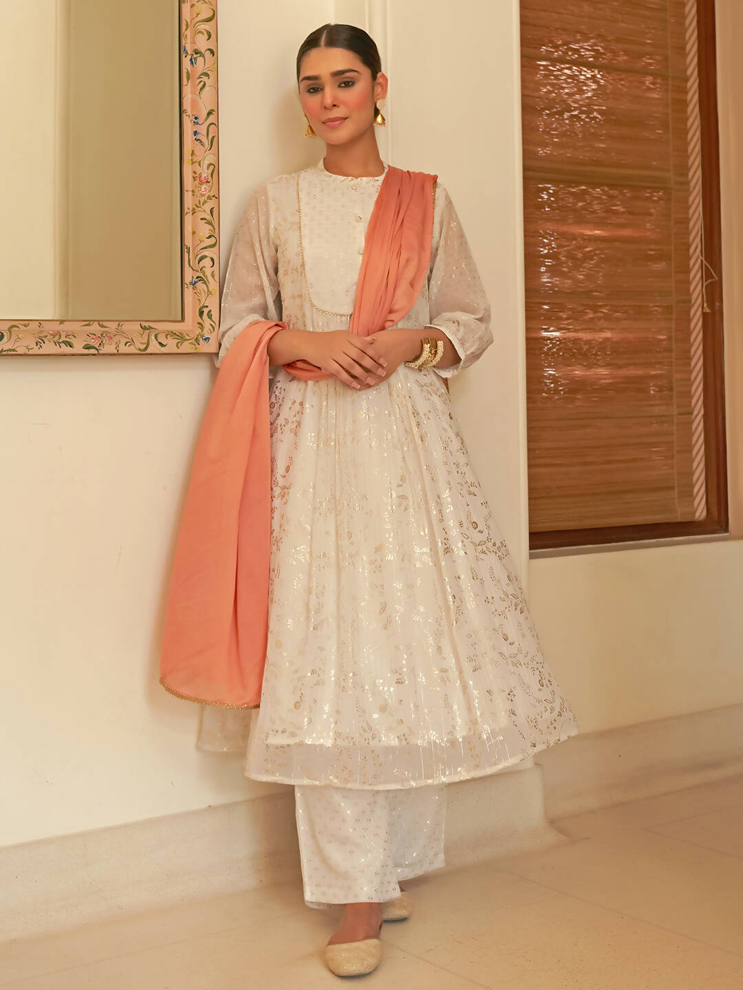 Janasya Women's White Chiffon Lurex Foil Printed Festive Flared Kurta Set 