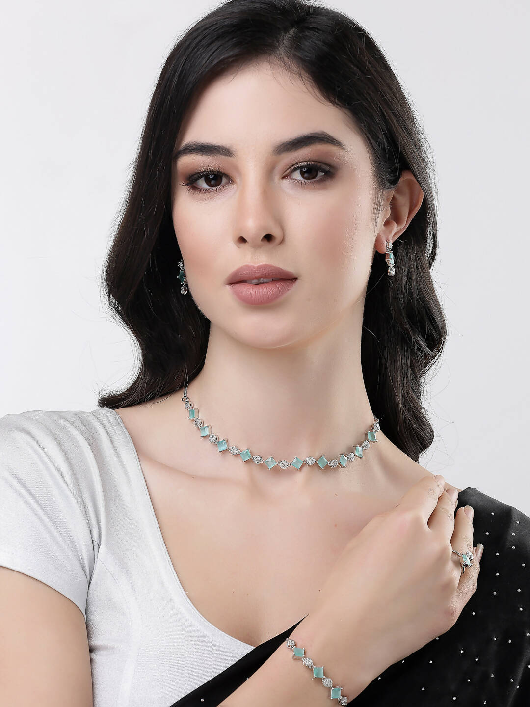 NVR Women Silver Plated & Blue Cz Stone Handcrafted Jewellery Set - Grab2buy