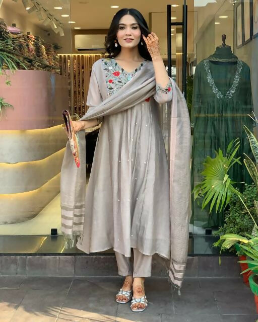 The52 Grey Women's Gorgeous Chinon Viscose Fabric Embroidered Work Straight Kurta Pant and Dupatta Set | Grab2Buy