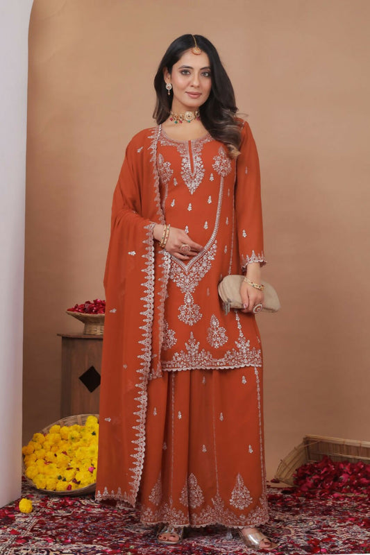 Teeya Creation Orange Color Faux Georgette Wedding Wear Trending Palazzo Set