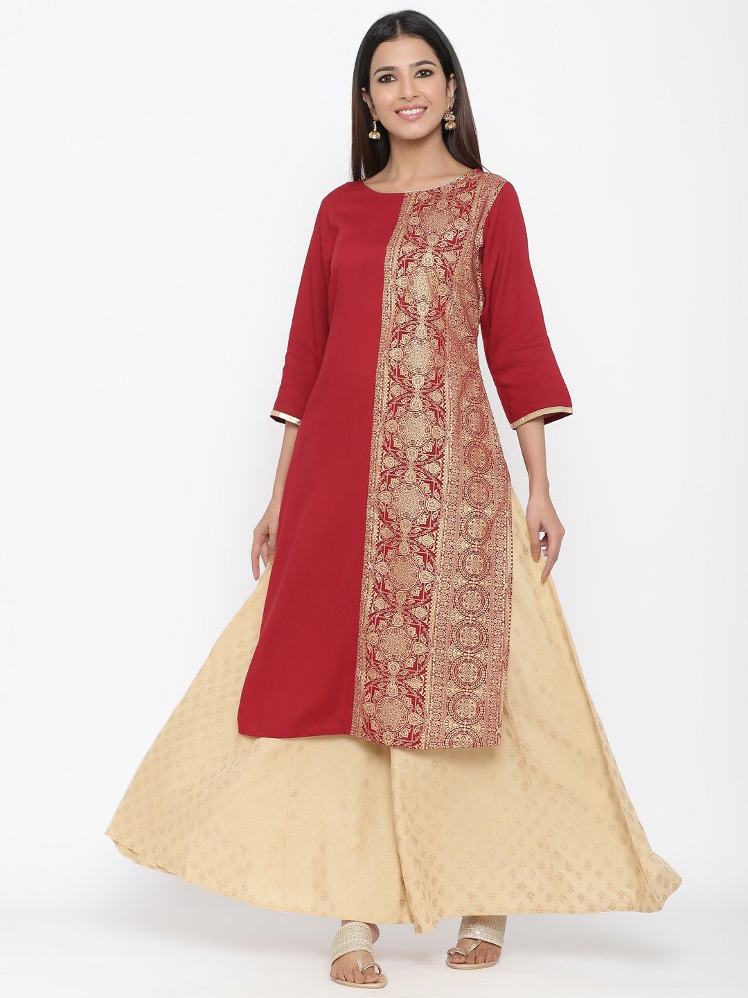 Juniper Maroon Rayon Printed Panelled Kurta
