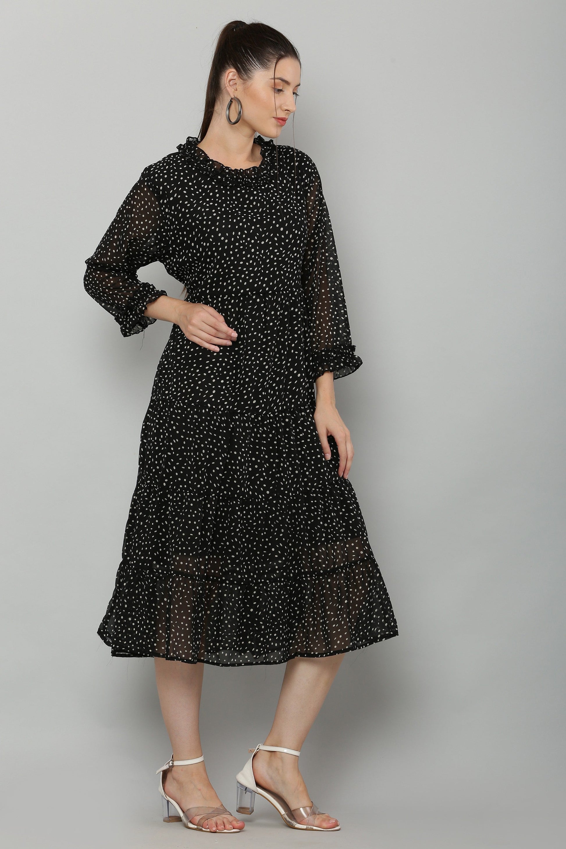 PAVONINE Micro Dots Frill-Neck Georgette Fabric Black Dress For Women