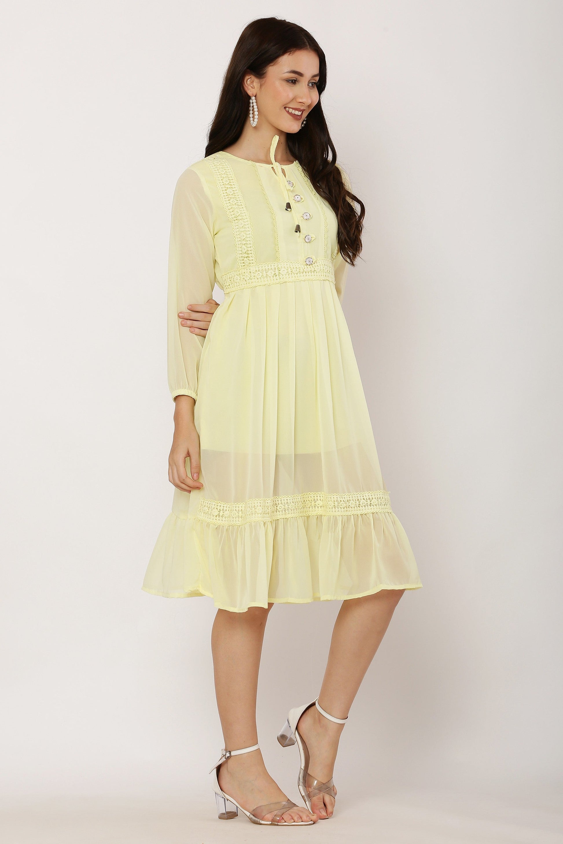 PAVONINE Lemon Color Georgette Fabric Lace Inserts Dress For Girls