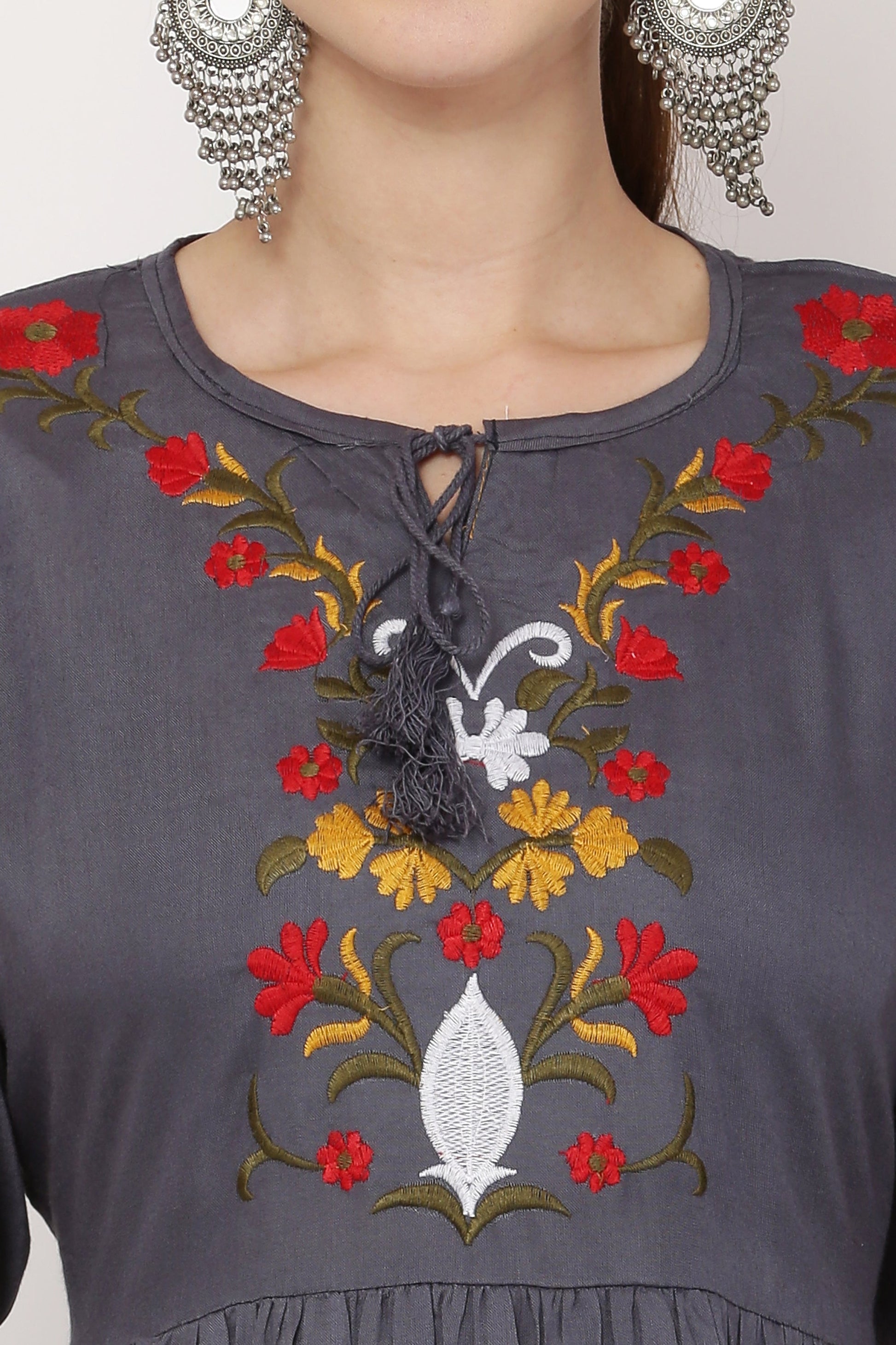 PAVONINE Grey Color Flower Embroidery Dress For Women