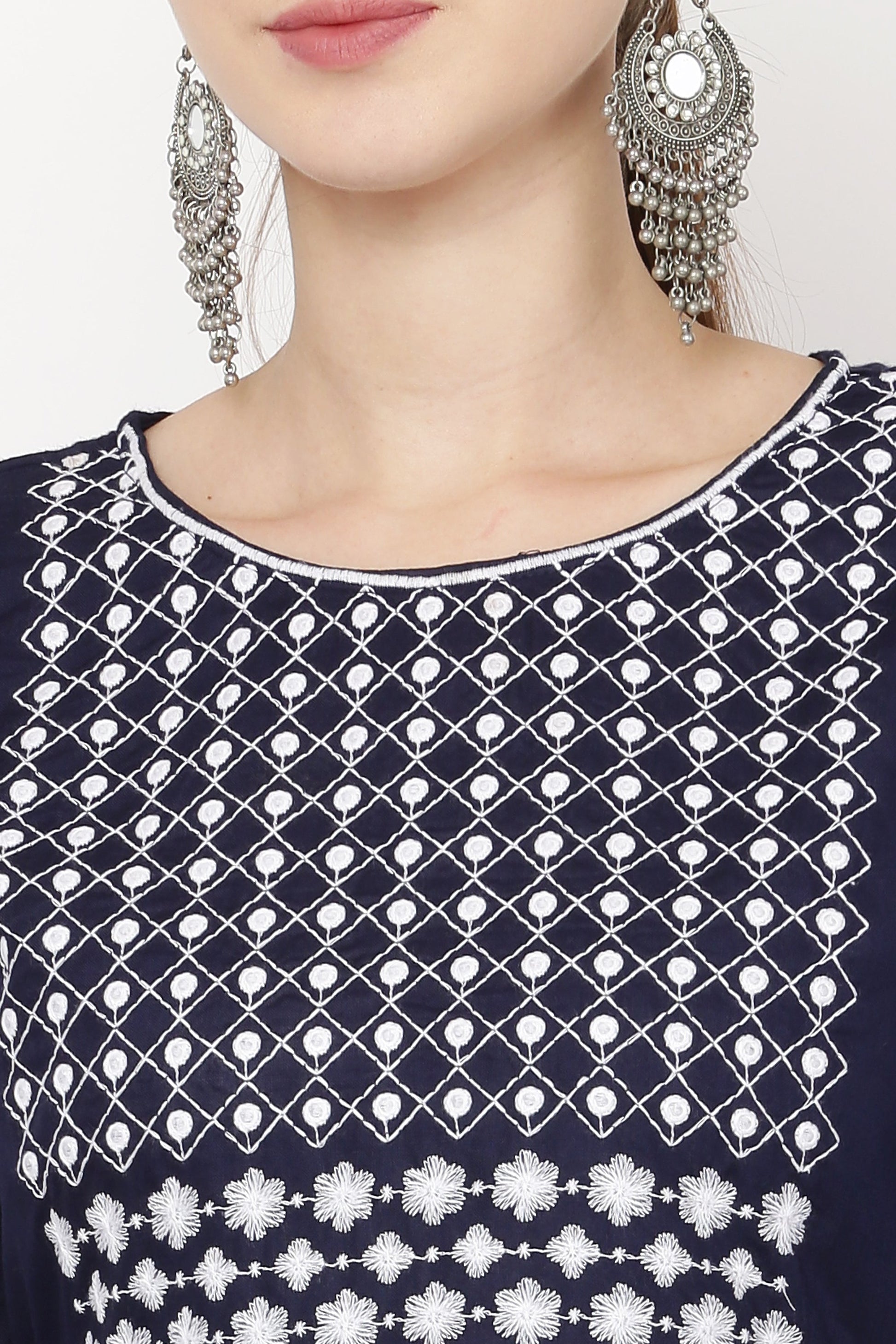 PAVONINE Navy Blue Color Polka Dots Embroidery Dress For Women