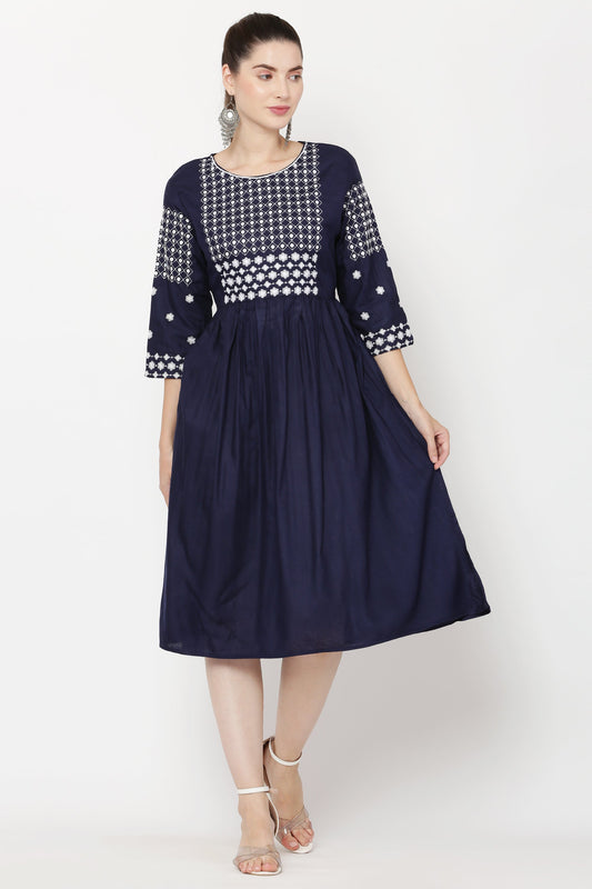 PAVONINE Navy Blue Color Polka Dots Embroidery Dress For Women