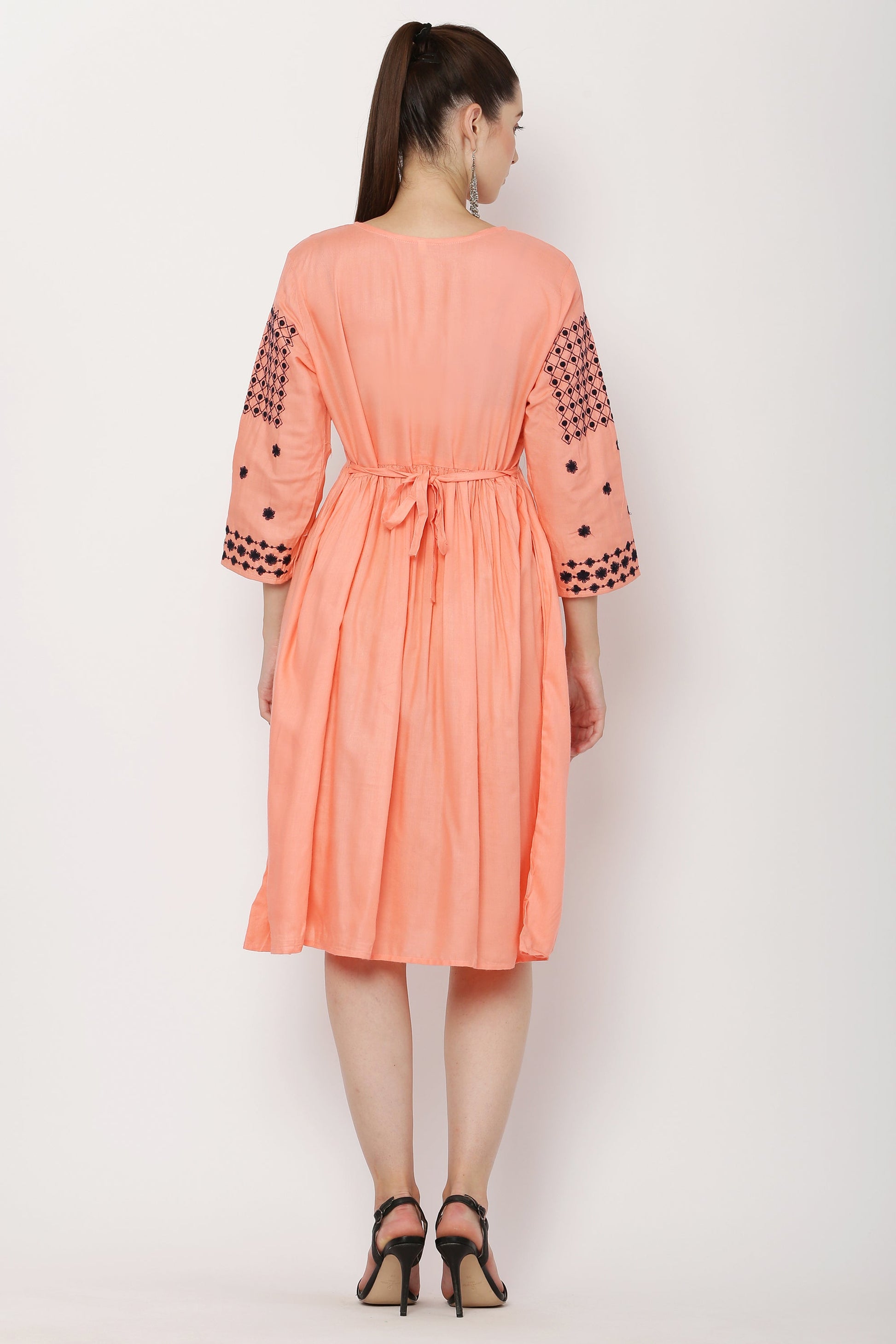 PAVONINE Gajri Color Polka Dots Embroidery Dress For Women