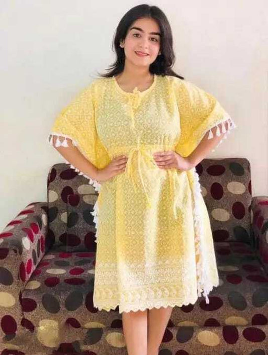 PAVONINE Yellow Color Embroidery Kaftan Dress For Women