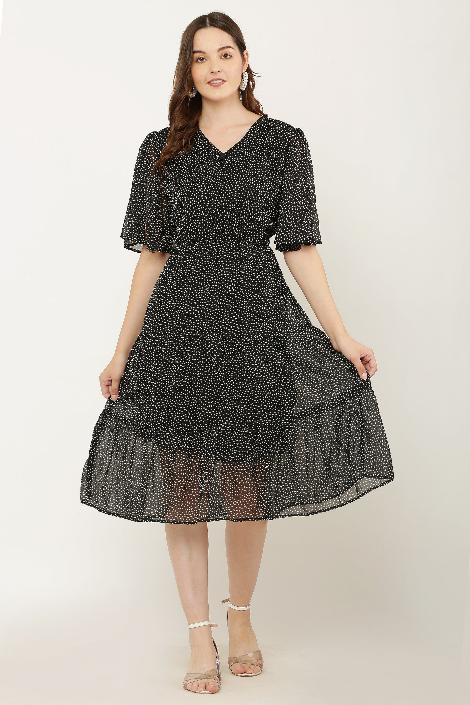 PAVONINE Micro Dots V-Neck Georgette Fabric Black Dress For Women