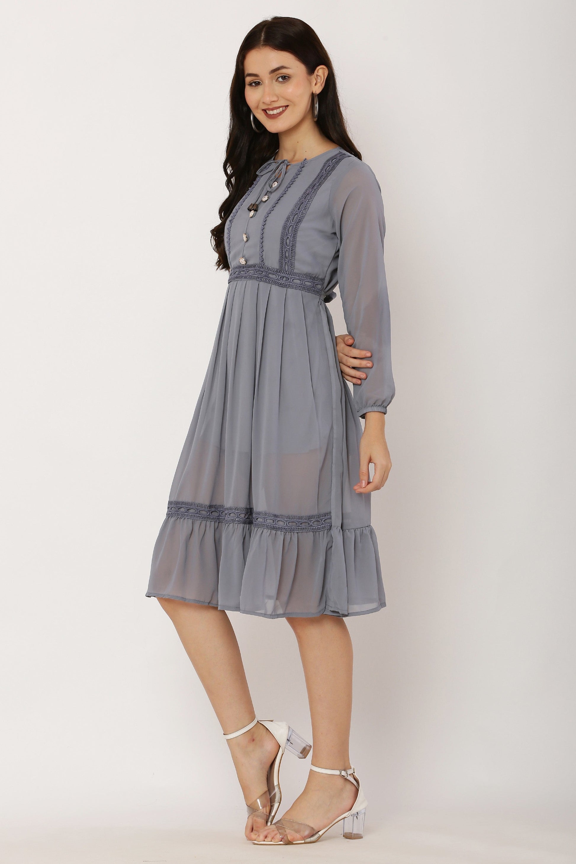 PAVONINE Grey Color Georgette Fabric Lace Inserts Dress For Girls