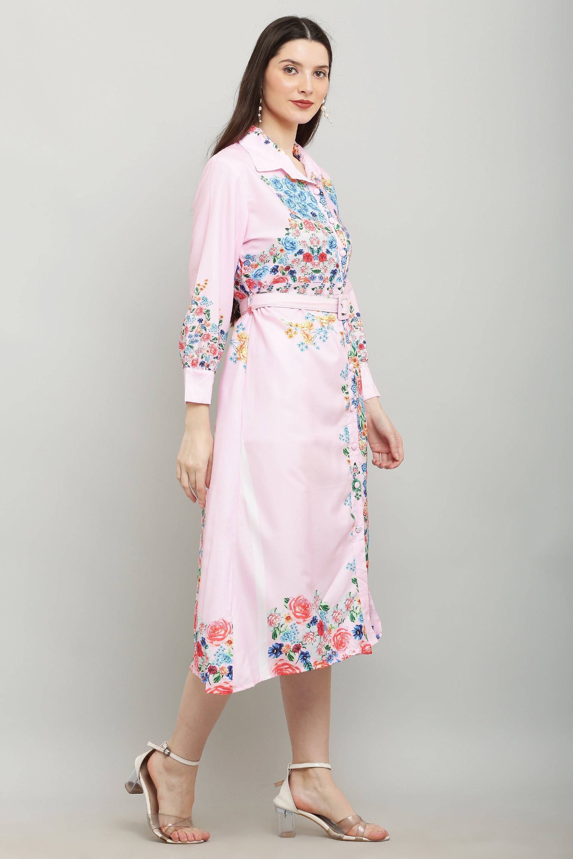 PAVONINE Cat Flower Digital Print Pink Color A-Line Dress For Women