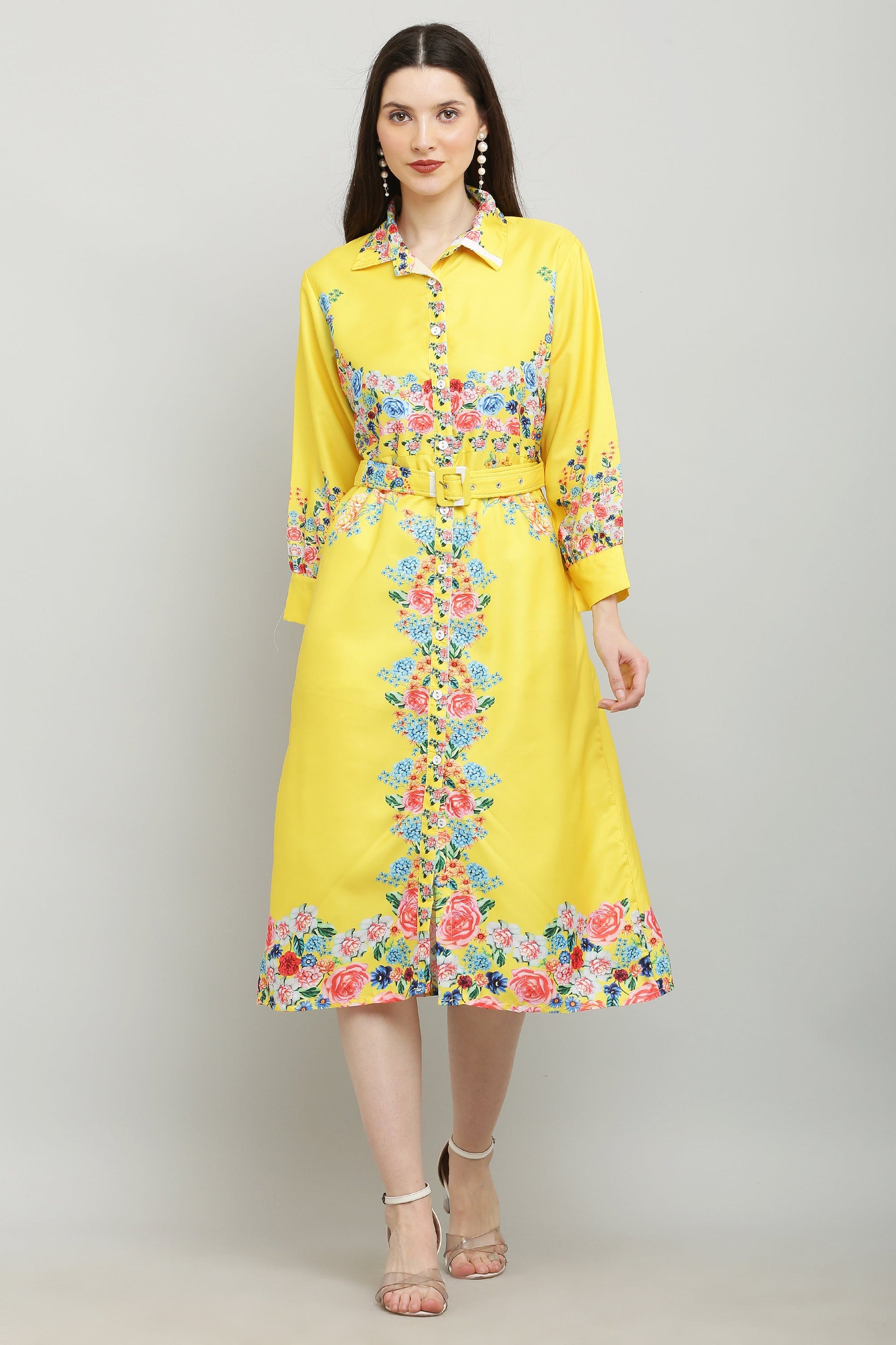 PAVONINE Cat Flower Digital Print Yellow Color A-Line Dress For Women