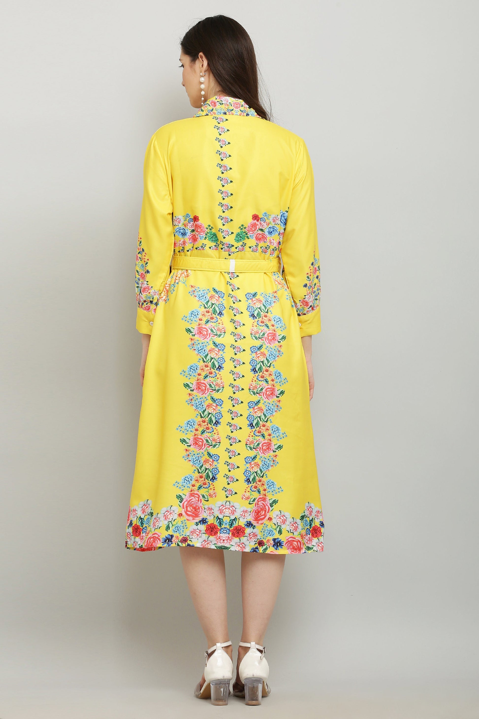 PAVONINE Cat Flower Digital Print Yellow Color A-Line Dress For Women