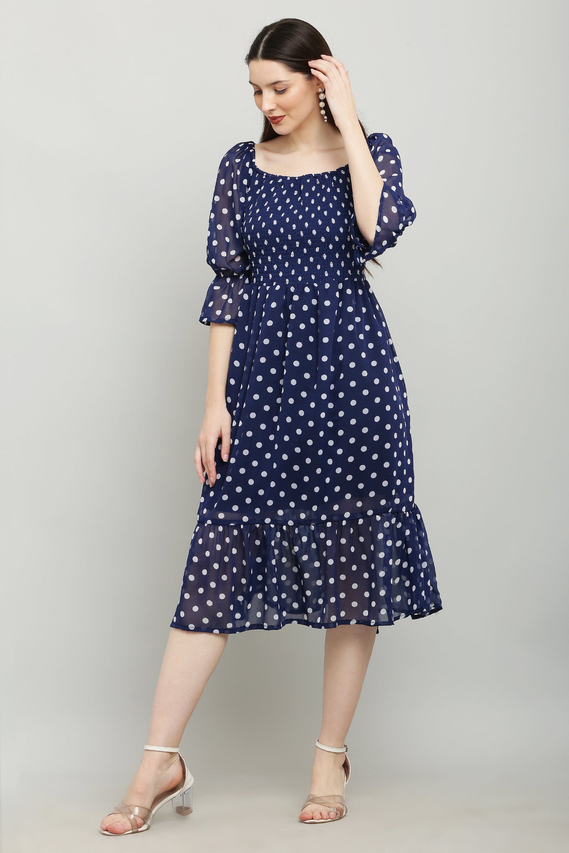 PAVONINE Polka Dots Body Kansai Navy Blue Dress For Women
