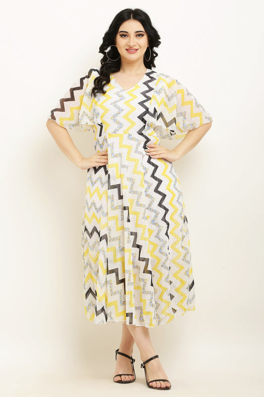 PAVONINE Zig-Zag Printed Georgette Fabric Yellow Dress For Women