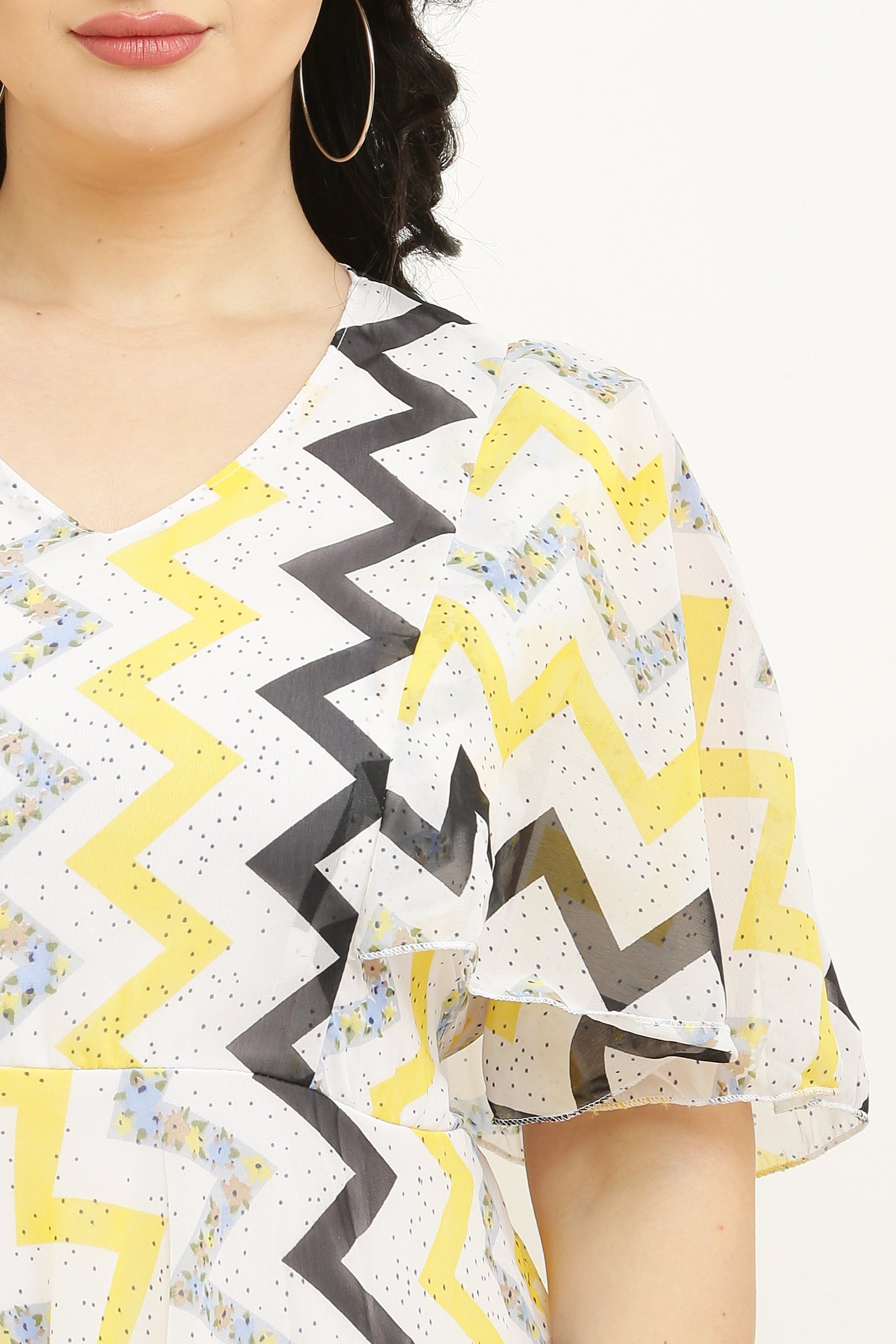 PAVONINE Zig-Zag Printed Georgette Fabric Yellow Dress For Women