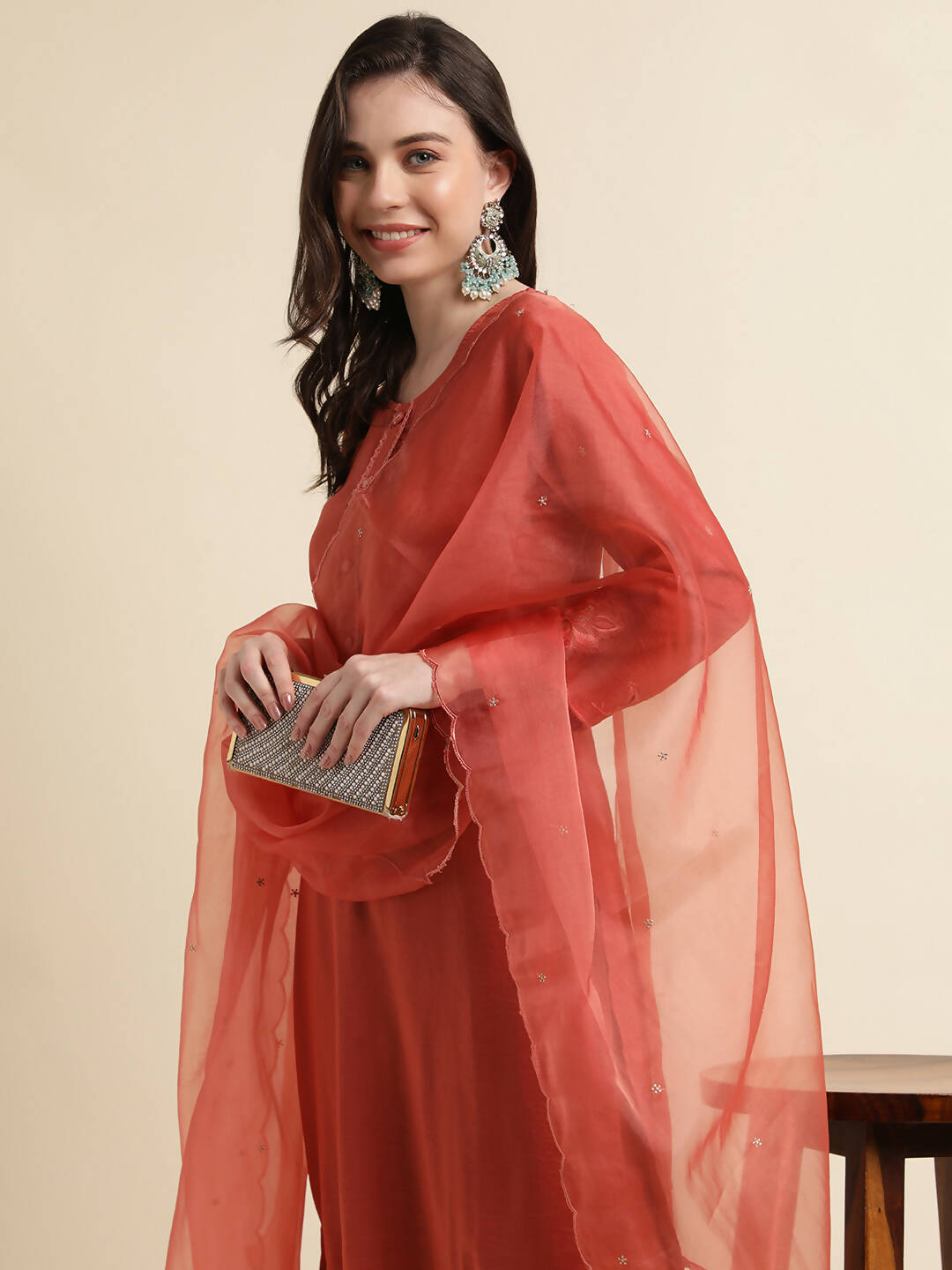 Orange Chinon Silk Embroidered Straight Kurta with Trouser & Dupatta - Salimar