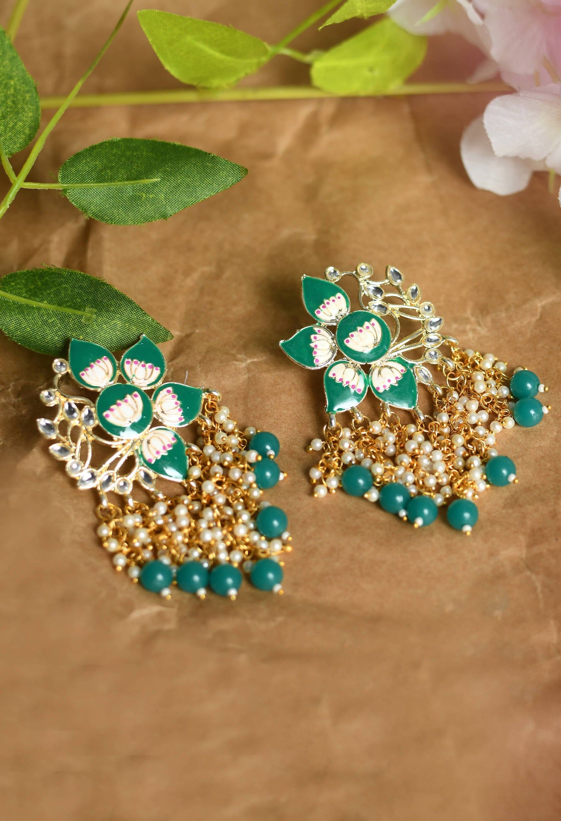 Mominos Fashion Johar Kamal Gold-Plated Kundan Green Meenakari Earrings - Grab2buy