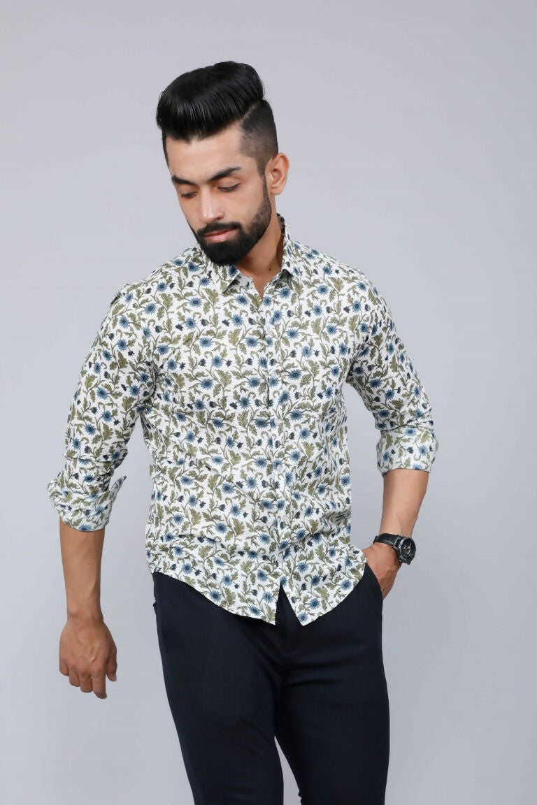 Miravan Men's White & Blue Floral Print Cotton Regular Fit Shirt 