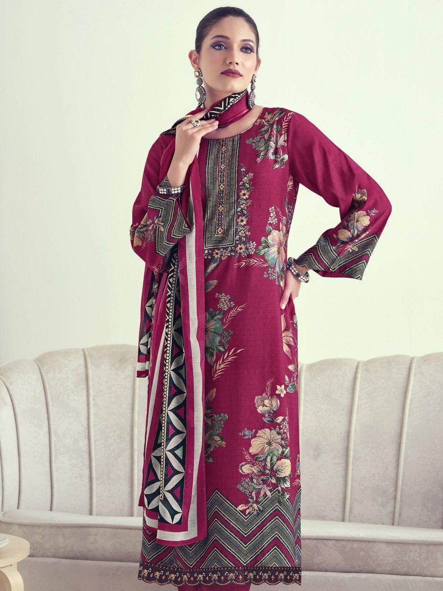 Aastha Fashion Women's Magenta Muslin Floral Digital Print with Resham Thread work Kurta with Trouser & Dupatta - Grab2buy
