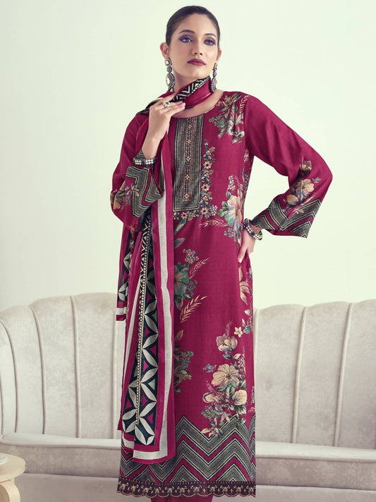 Aastha Fashion Women's Magenta Muslin Floral Digital Print with Resham Thread work Kurta with Trouser & Dupatta - Grab2buy