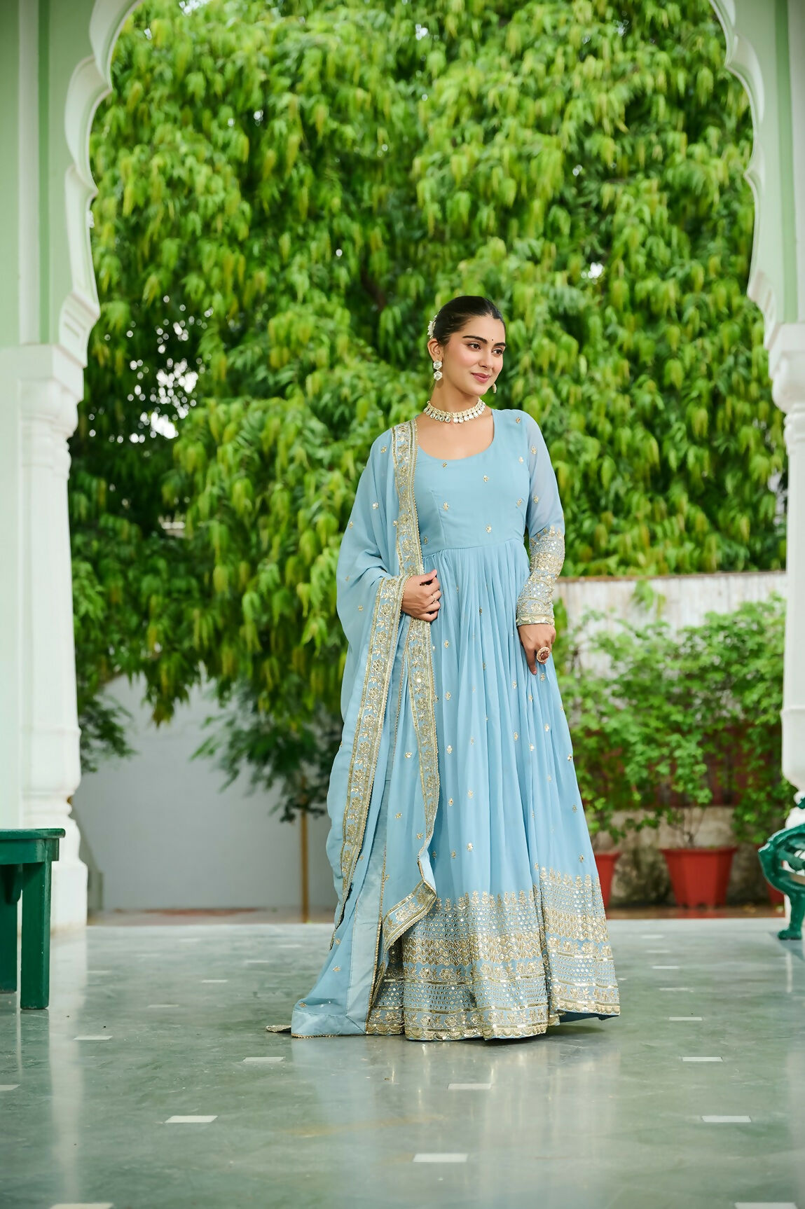 Joban Fashion Sky Blue Georgette Sequence Embroidery Work Kurta Set