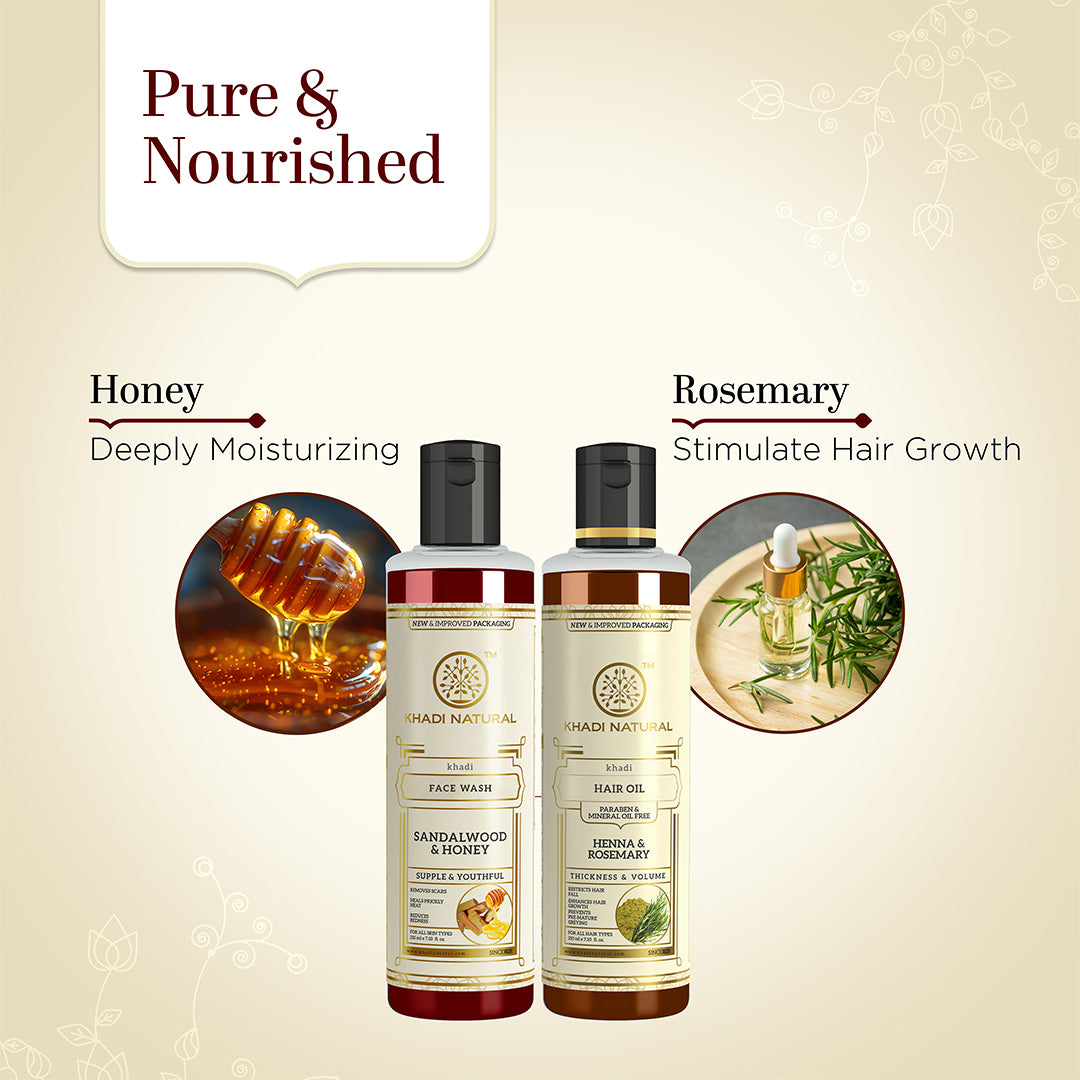 Khadi Herbal Sandalwood & Honey Face Wash with Henna Rosemary Hair Oil Combo (Set of 2) 