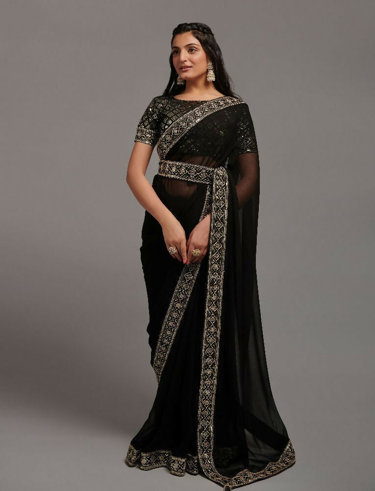 PR Fashion Black Zometo Embroidery Lace Saree