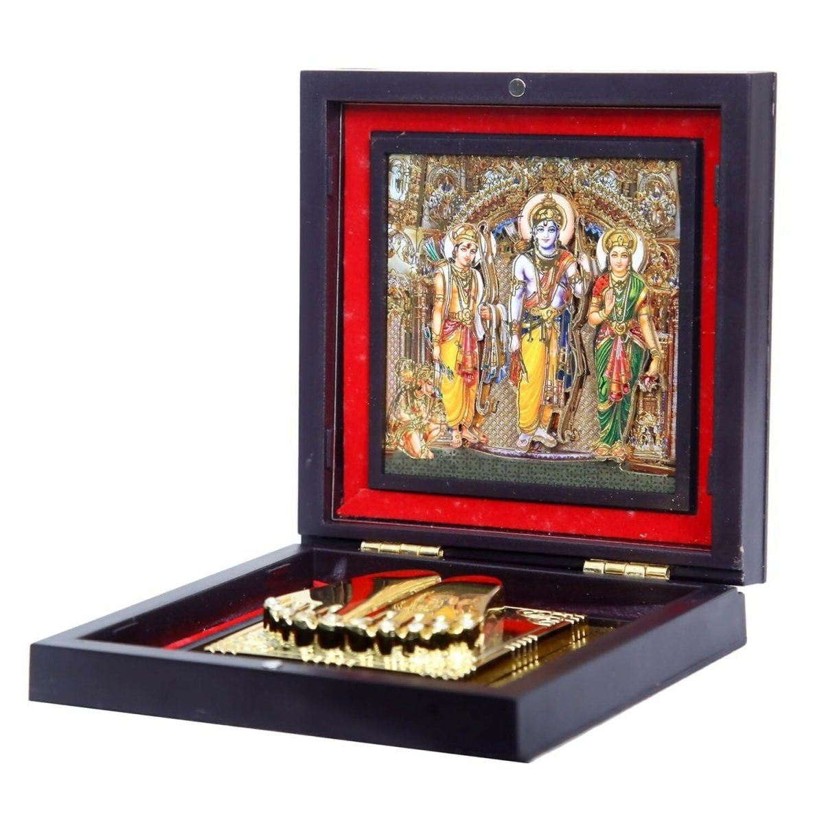 AncientlRam Darbar Pocket Temple Box With Charan Paduka Square Shaped, Gold Plated - Grab2buy