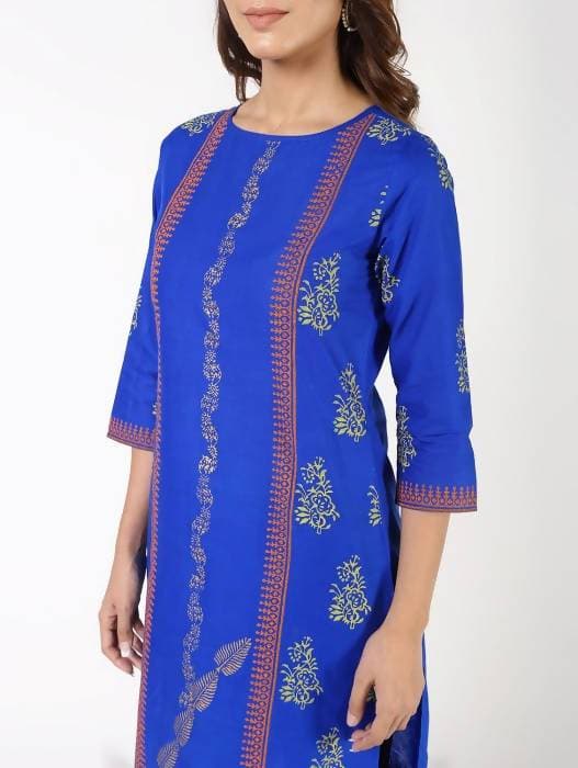 Aniyah Cotton Block Printed Straight Kurta Blue (AN-140K) 