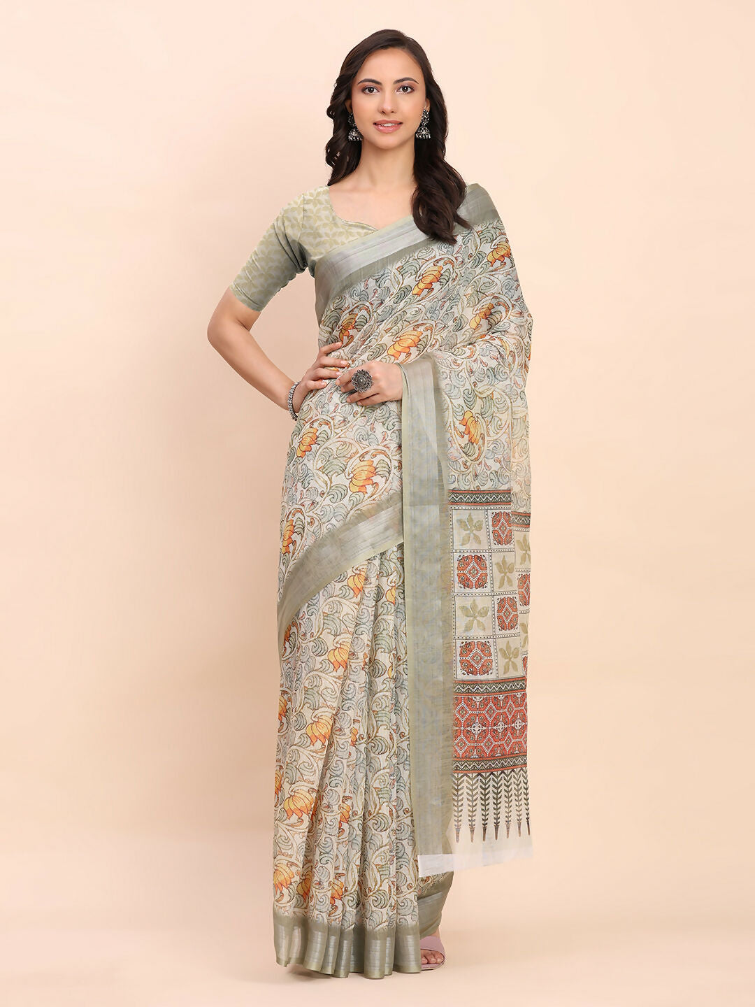 Shree Shyam Fashion Linen Cotton White Saree