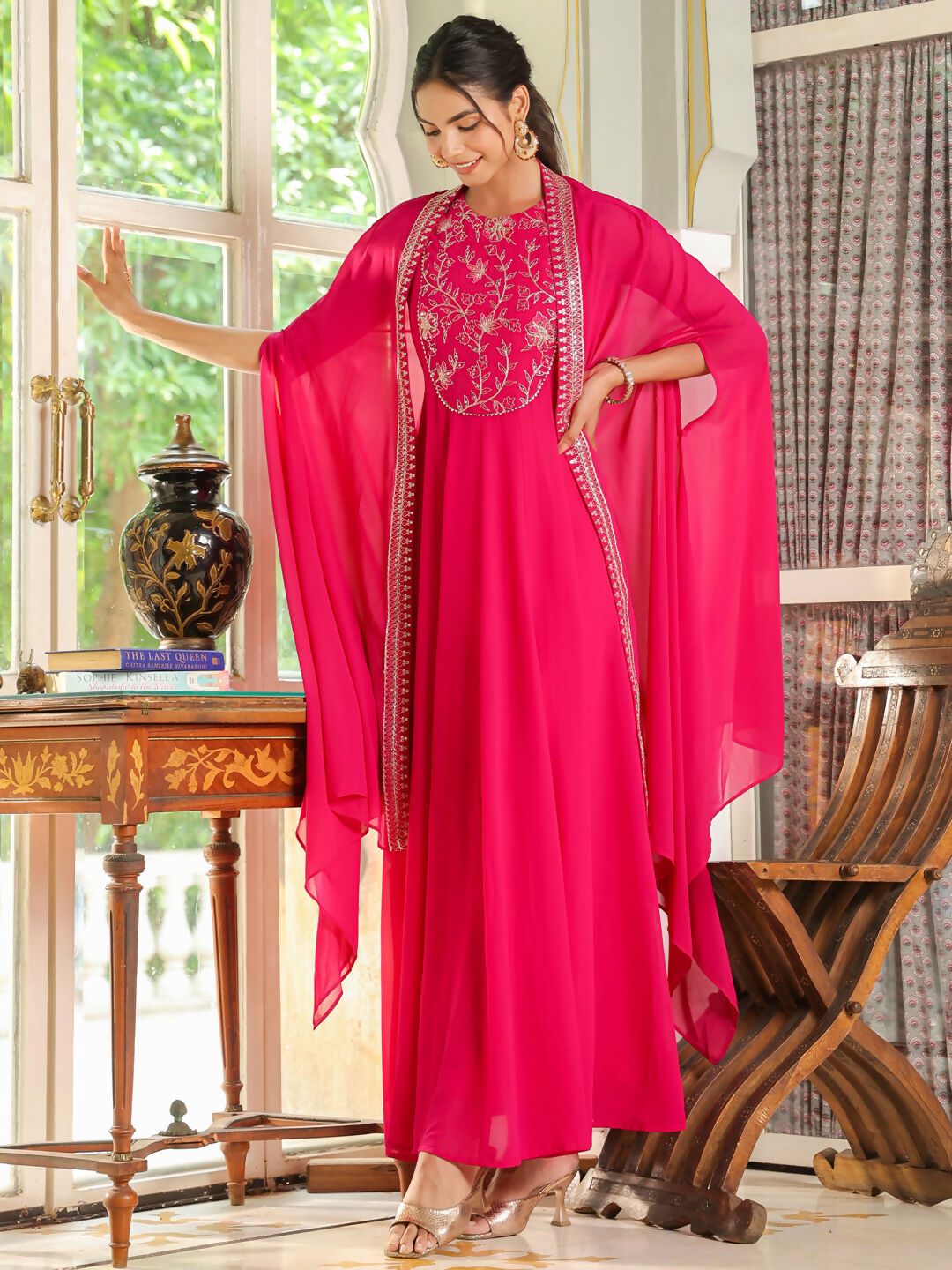 Janasya Pink Georgette Embroidered Dress & Cape 