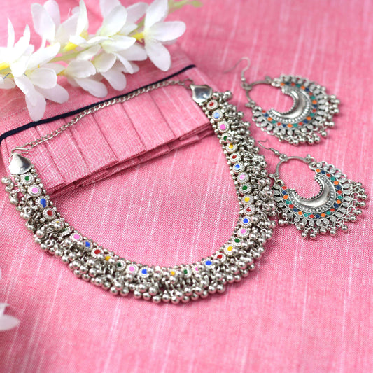 Mominos Fashion Johar Kamal Oxidised Silver-Plated Meena Work Choker Set - Grab2buy