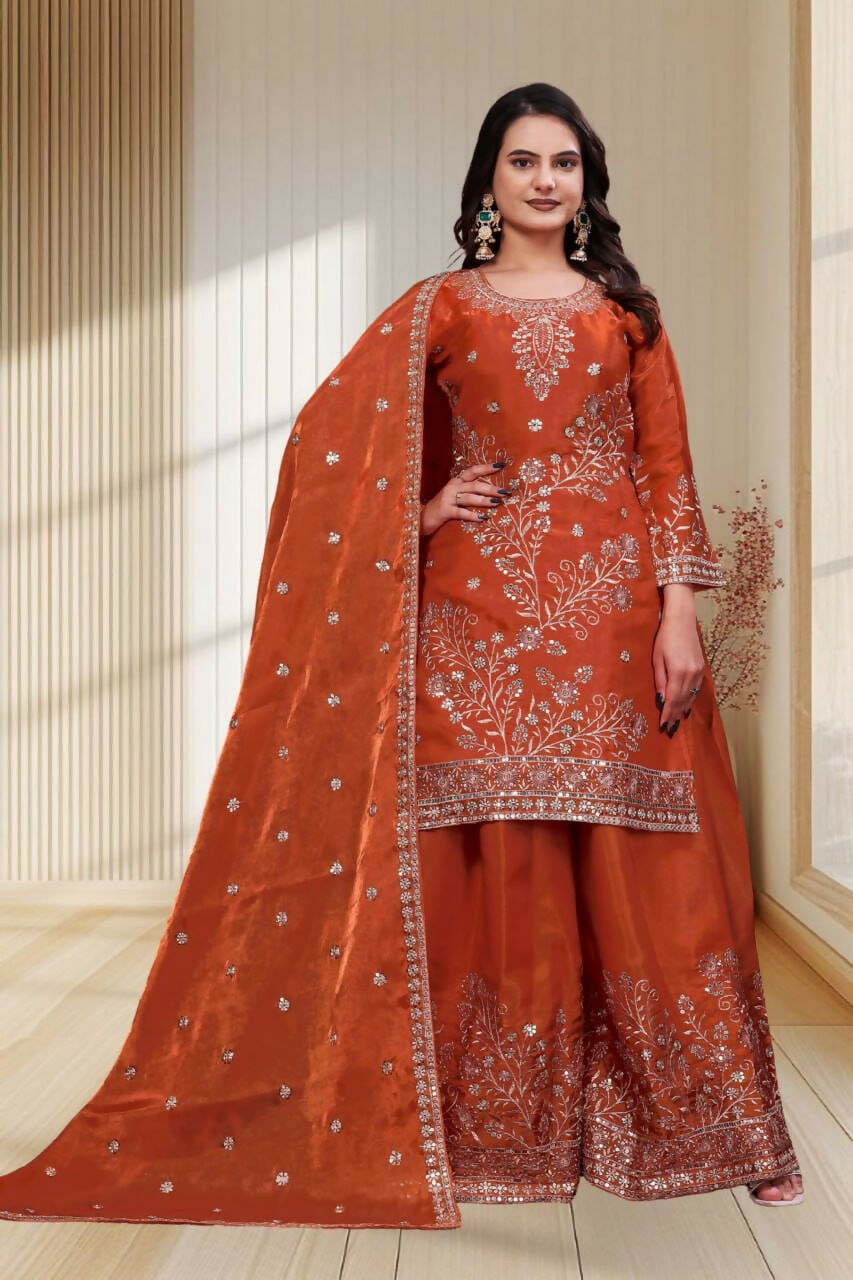 Teeya Creation New Trendy Stylish Rust Orange Embroidered Silk Sharara Suit Set With Dupatta