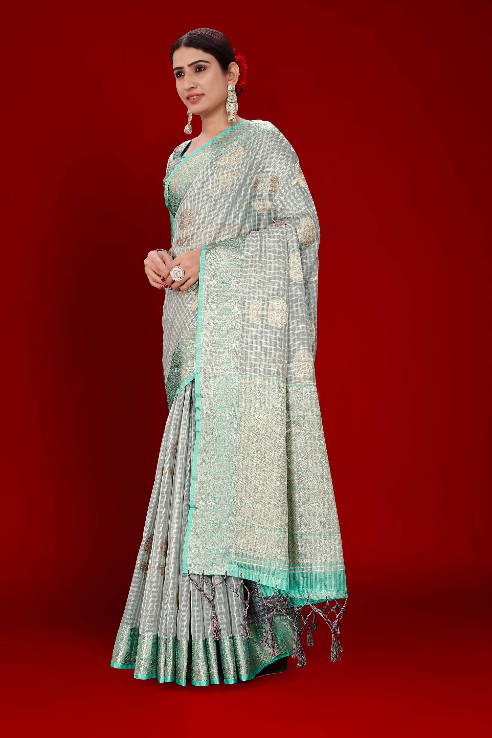 Grey Soft Organza Woven Design Saree With Unstitched Blouse Piece - Zaara