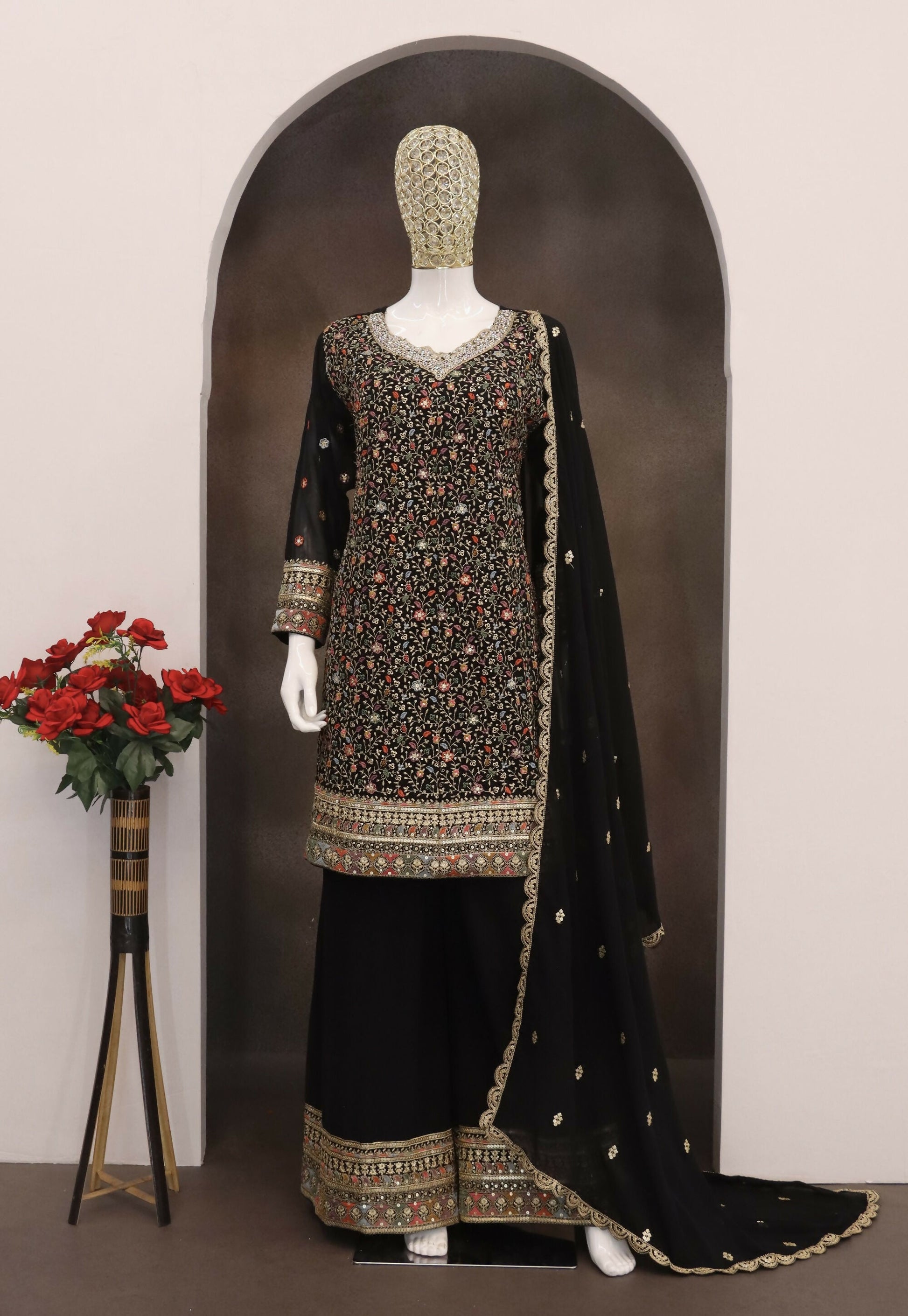 Anaita Black Embroidered Faux Georgette Unstitched Plazo Suit