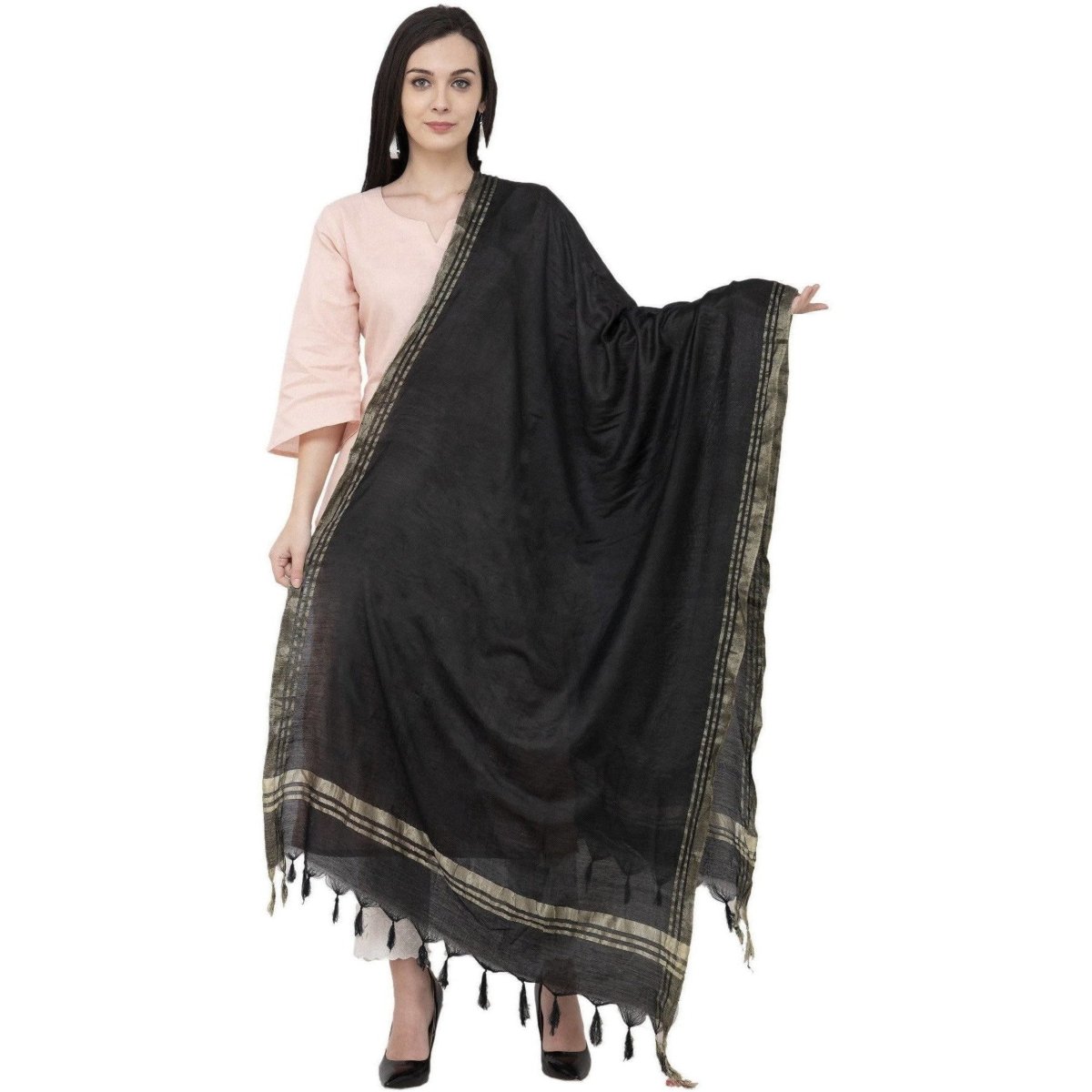 A R Silk Golden Border Regular Dupatta Color Black Dupatta or Chunni 