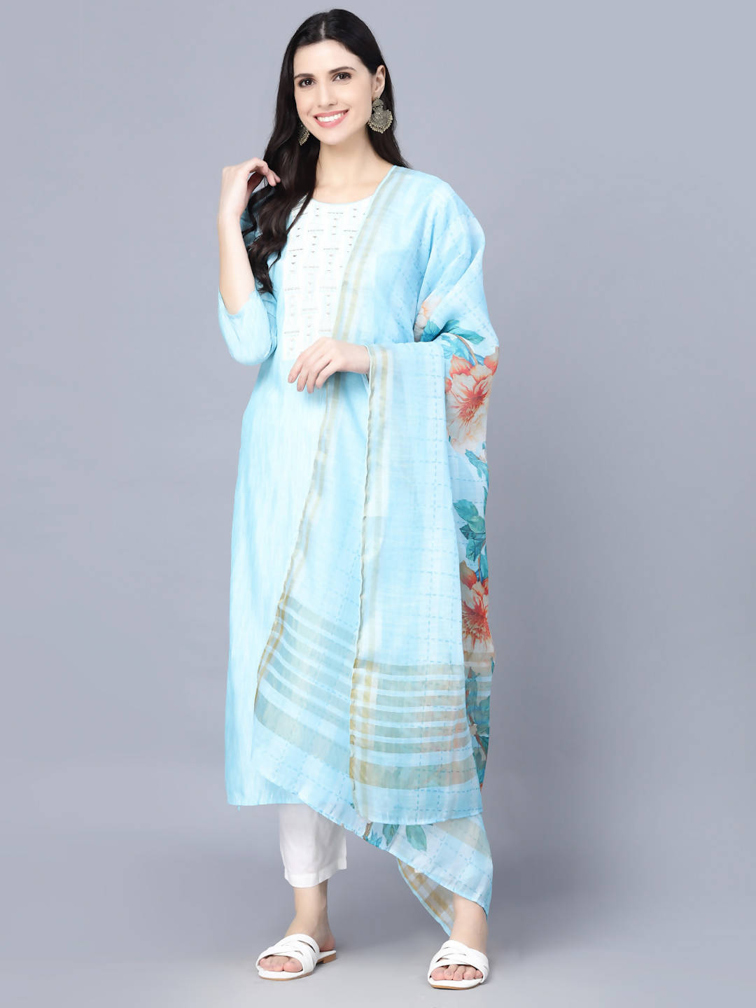 Myshka Women Turquoise Blue Panelled Pure Cotton Kurta with Trousers With Dupatta
