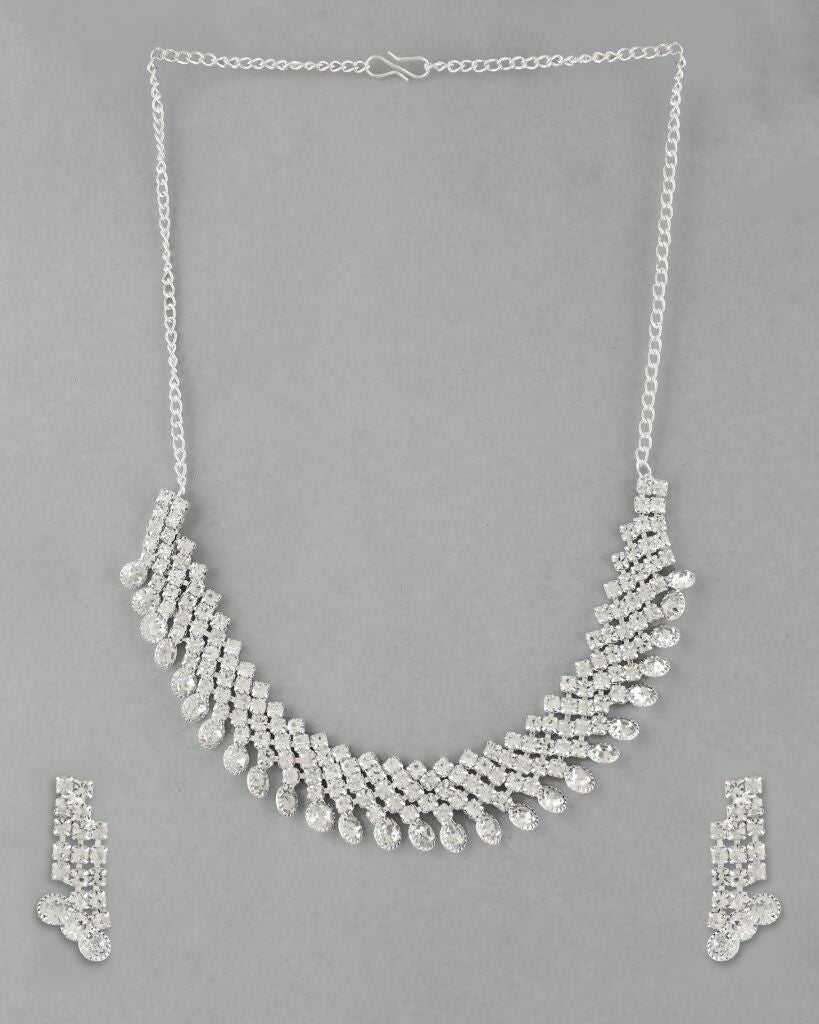 VOJ Silver Plated AD Stone Studded Necklace With Earrings Jewellery Set - Grab2buy