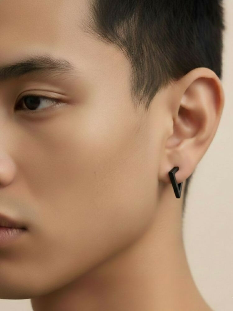 NVR Men's Black Rhodium Plated Geomatric Shaped Stud Earrings