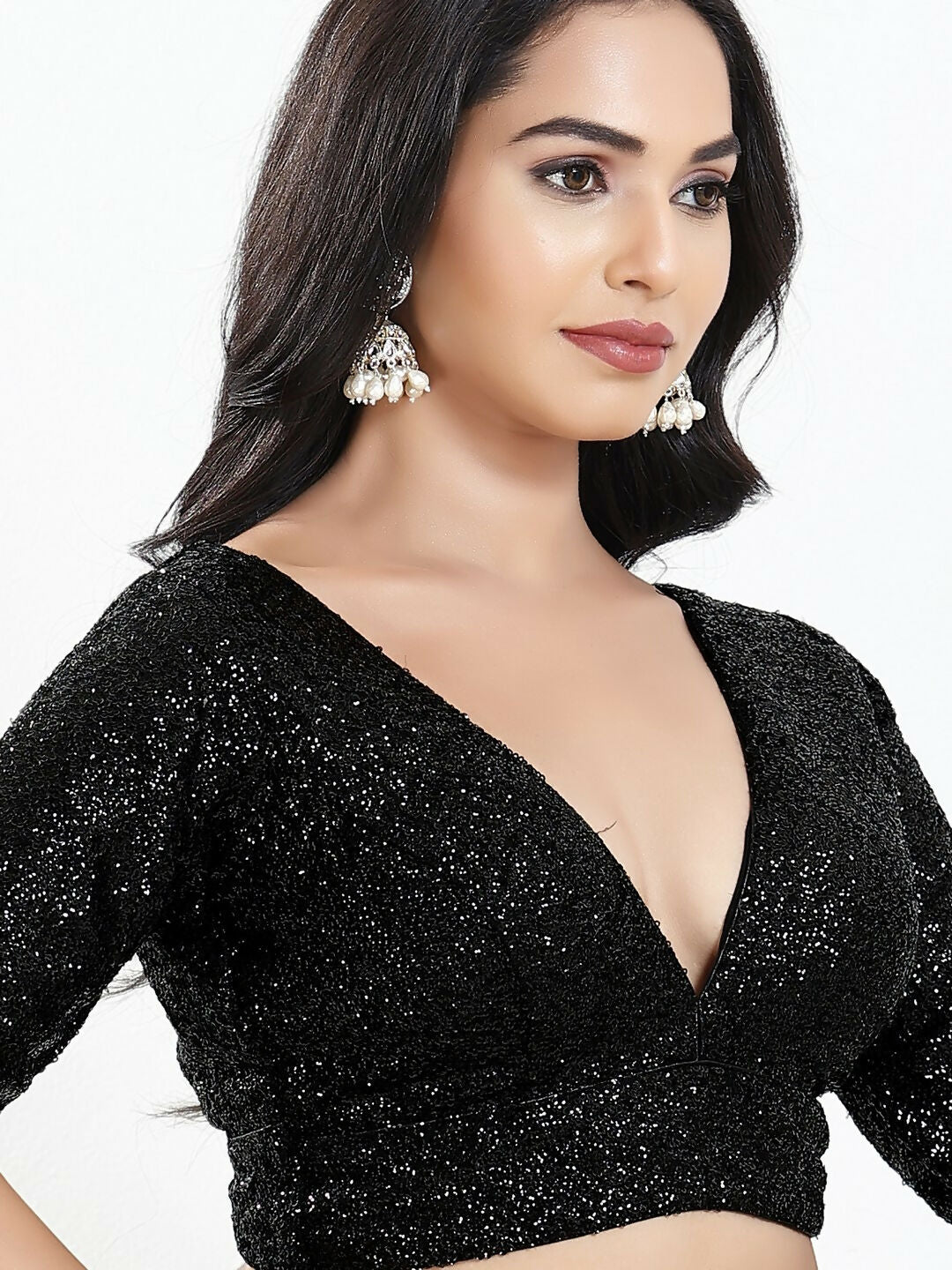 Joban Fashion Black Silk Padded Blouse With V Neck Elbow Sleeves
