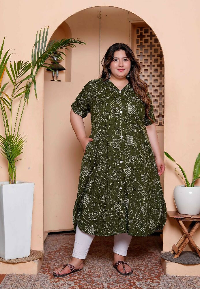 Miravan Womens Plus Size Pure Cotton Floral Printed Green Button Down A-Line Midi Dress