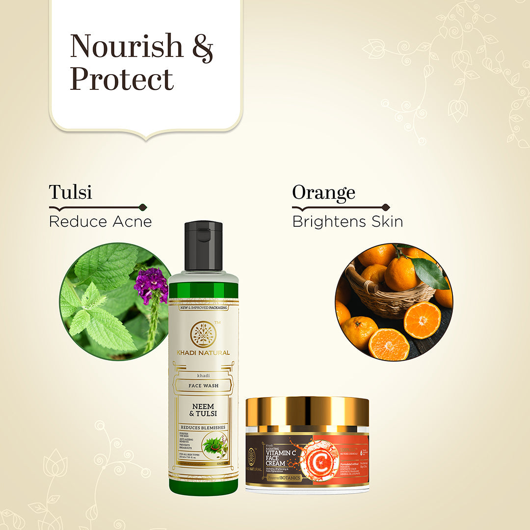 Khadi Herbal Neem & Tulsi Face Wash with Khadi Natural Vitamin C Face Cream Combo (Set of 2) 