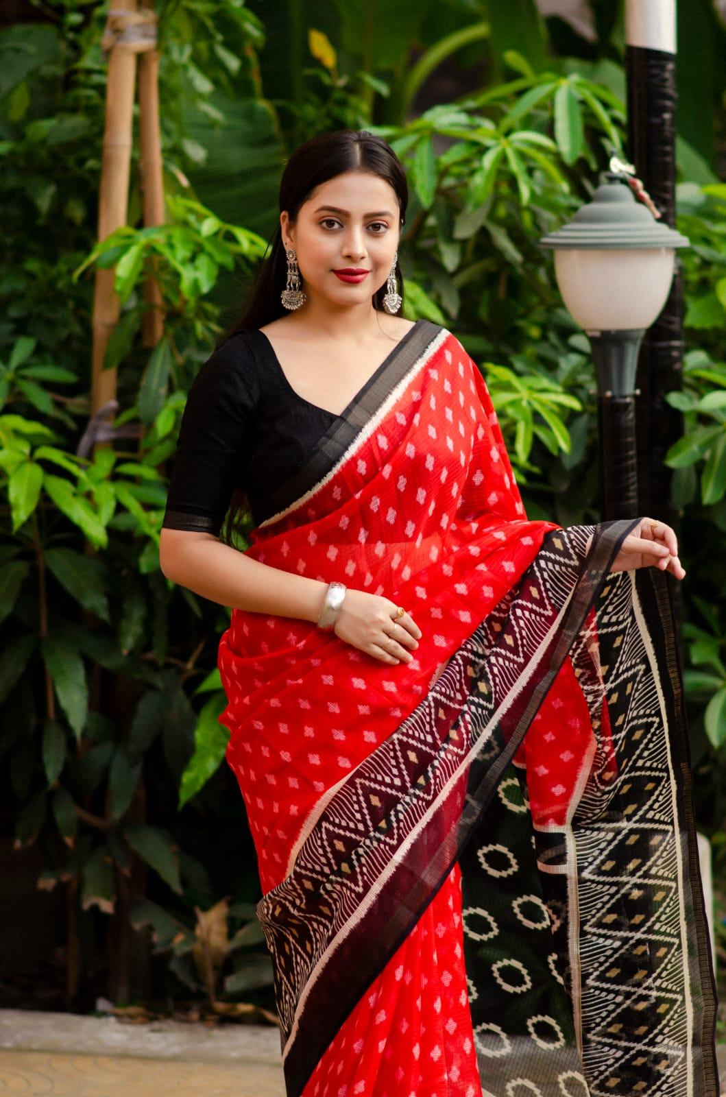 Red Polycotton Ethnic Motifs Saree with Unstitched Blouse - A2M
