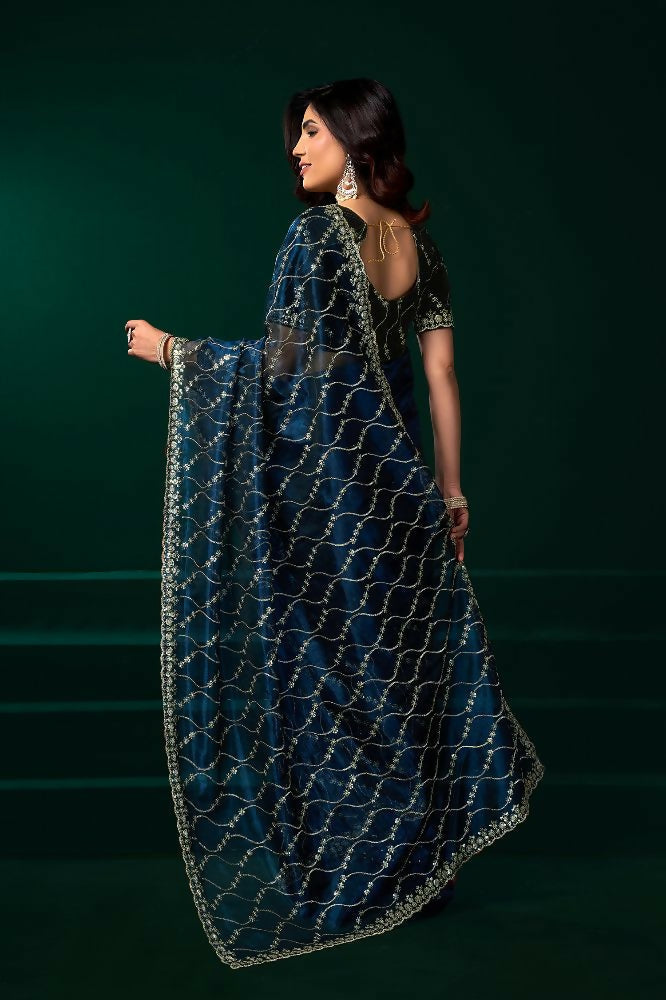 Joban Fashion Navy Blue Net Party Wear Sarees