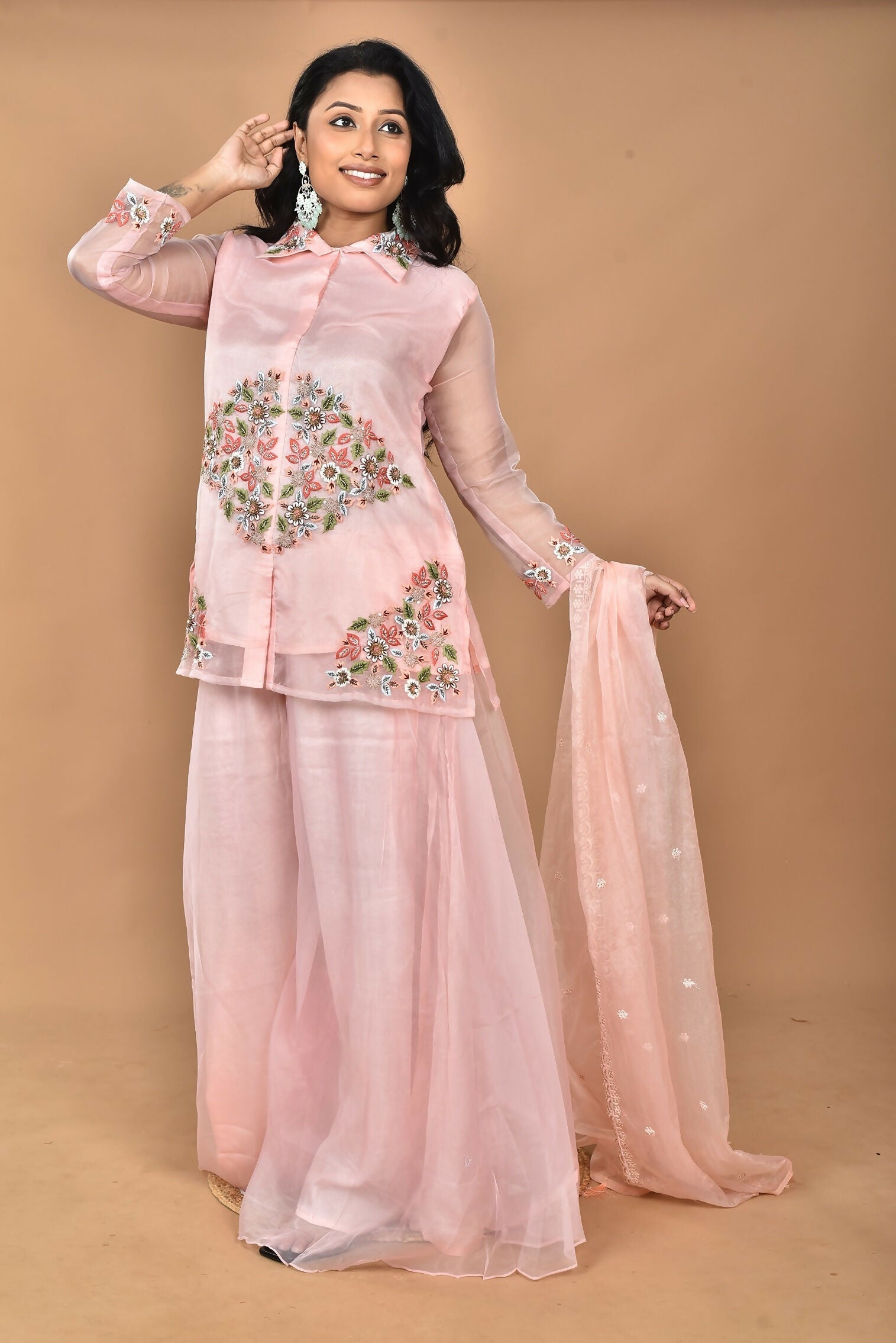 Morchari Women And Hand Embroidery Palazzo Set-Peach 