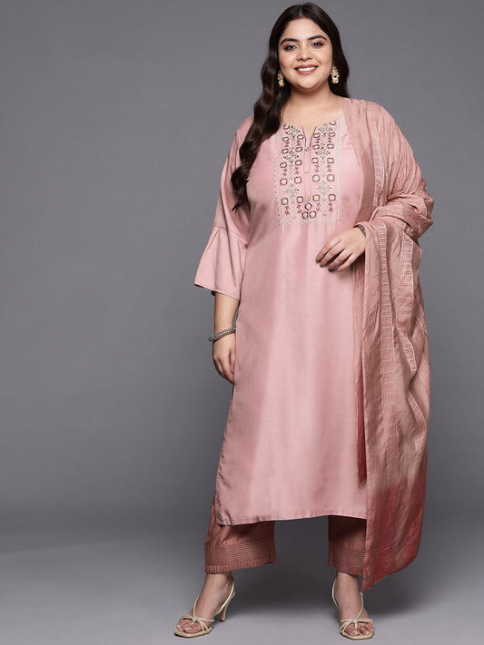 Sztori Plus Size Geometric Yoke Design Straight Kurta & Trousers With Dupatta
