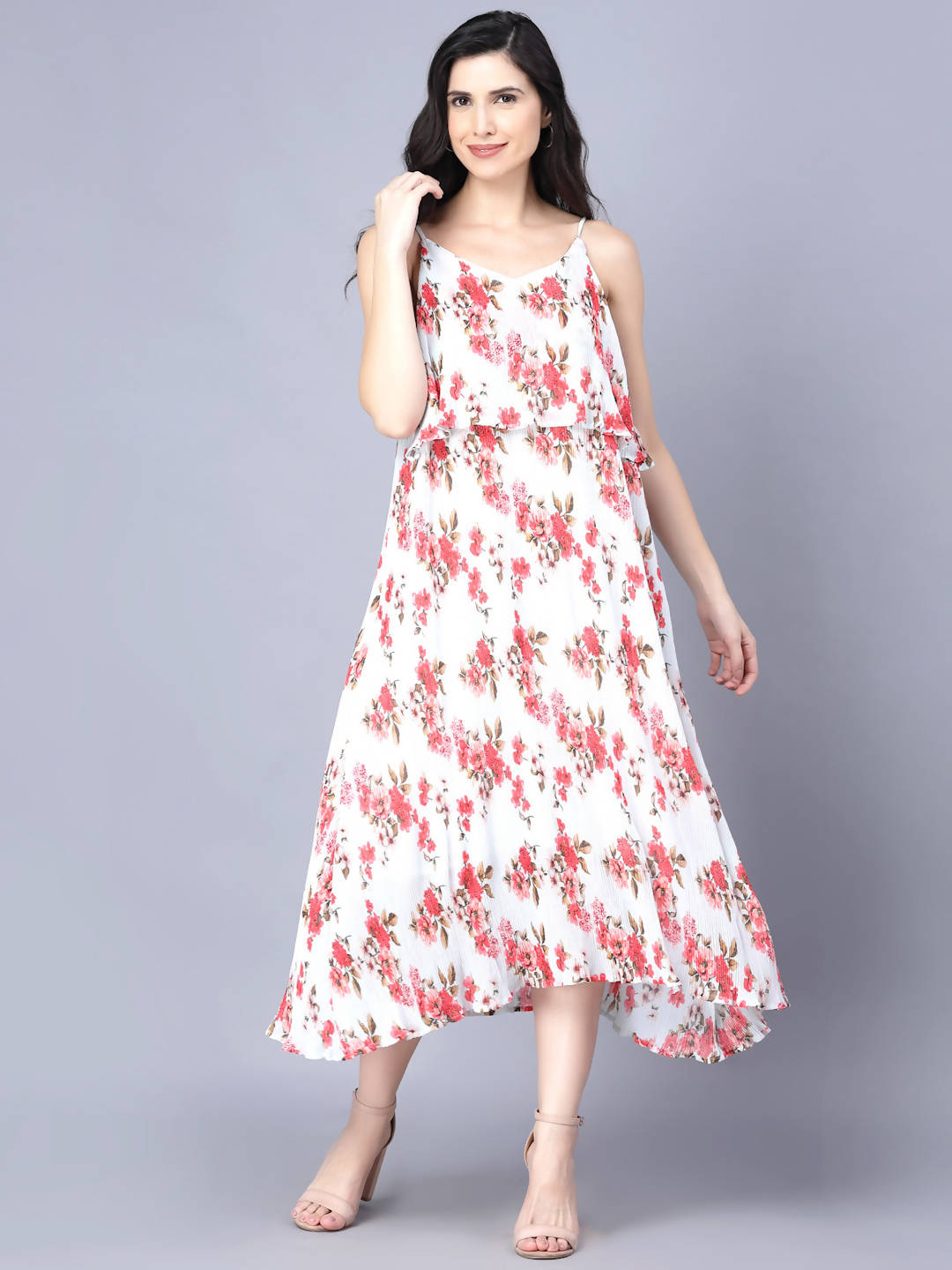 Myshka White Red Floral Layered Midi Dress