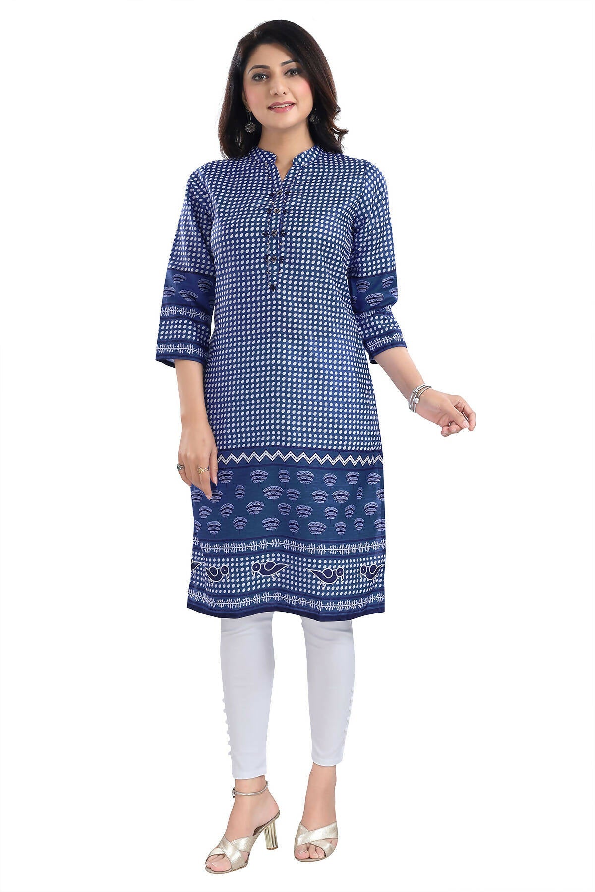 Snehal Creations Indigo Blue Designer Digital Print Cotton Slub Fabric Long Kurti Tunic