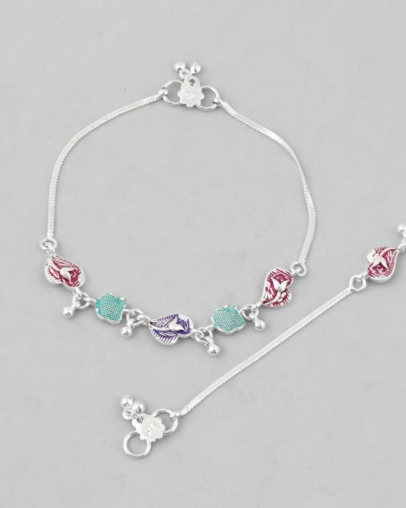 VOJ Set of 2 Silver Plated Designer Multi Color Anklet 